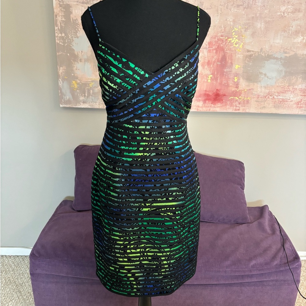 JS Collections spaghetti strap Mini Dress Blue Green Black‎ Body-con Size 10